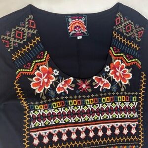 Johnny Was Los Angeles Women's Black Floral Embroidered Tunic Bohemian Dress, L